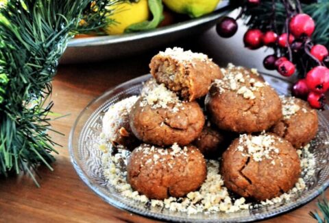 Traditional Greek Christmas cookie melomacarona with honey and walnuts