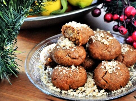 Traditional Greek Christmas cookie melomacarona with honey and walnuts