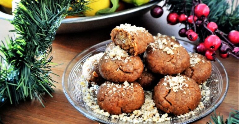 Traditional Greek Christmas cookie melomacarona with honey and walnuts